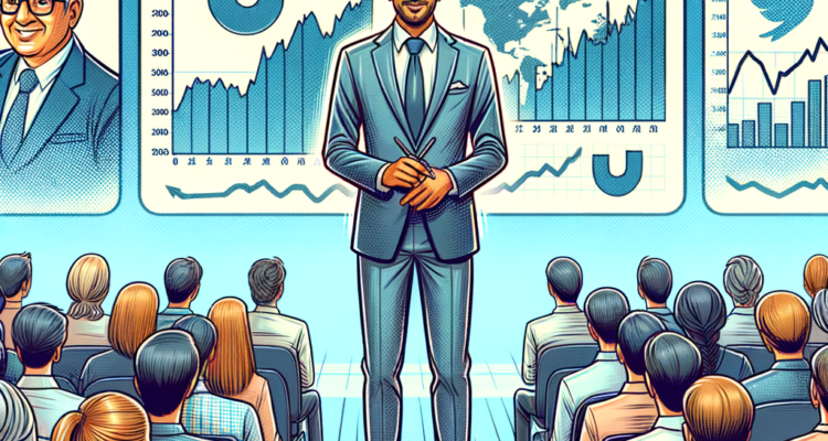 A professional presenter discussing valuation sanity and contrarian investing strategies in front of an audience, with financial charts and graphs displayed on the screen.