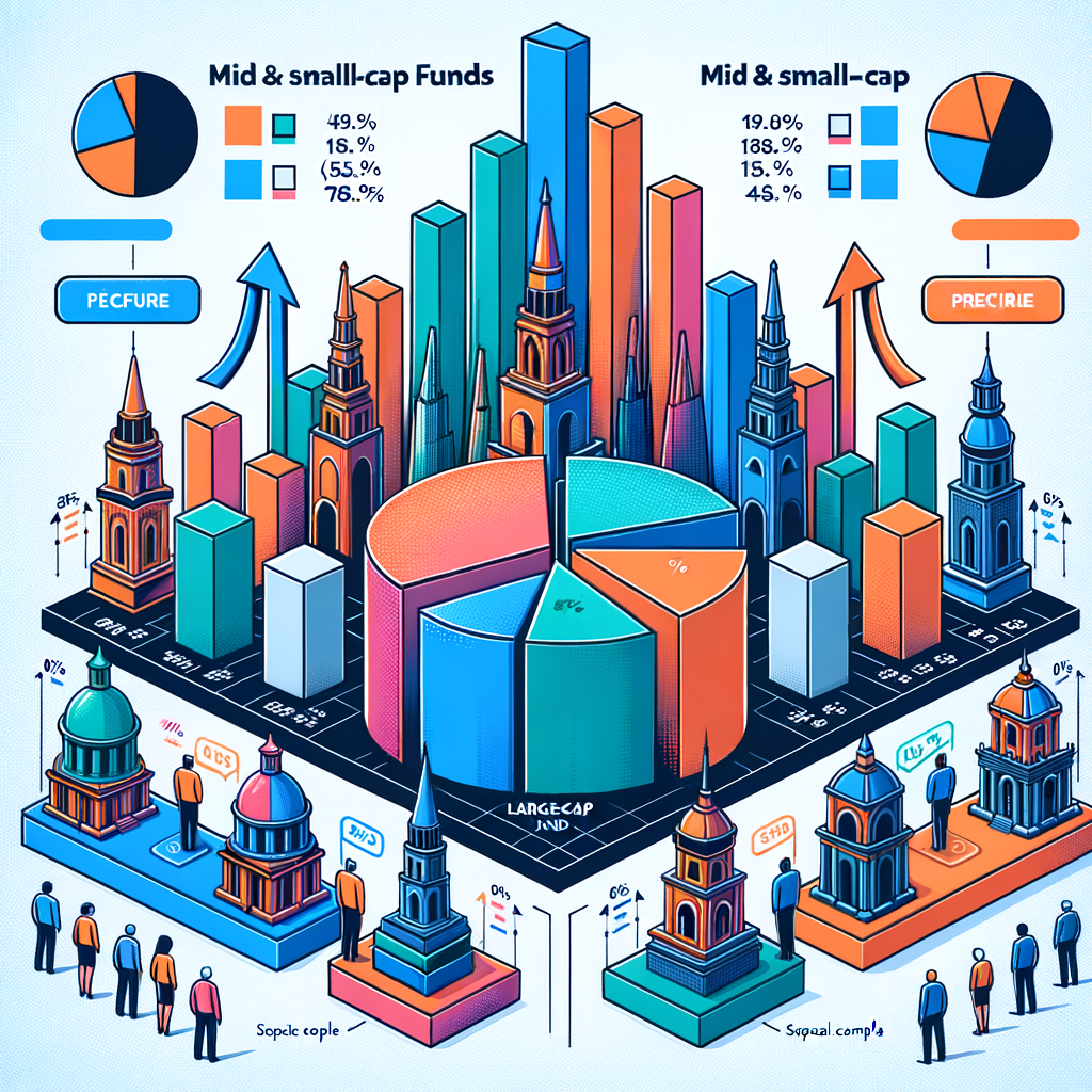 Visual comparison of mid-cap, small-cap, and large-cap funds using bar and pie charts with investment metrics.