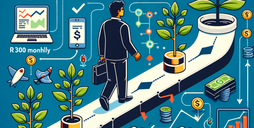 Illustration showing investment strategies using SIPs in stocks like TCS and Infosys, with trees representing wealth growth and financial milestones.