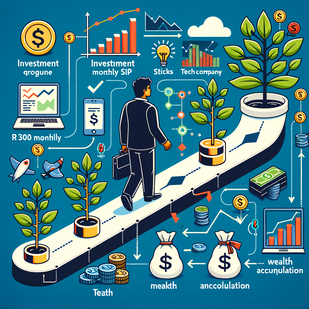 Illustration showing investment strategies using SIPs in stocks like TCS and Infosys, with trees representing wealth growth and financial milestones.