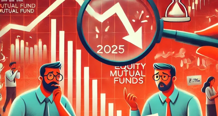 Illustration of equity mutual fund losses in 2025, featuring a declining stock market graph, worried investors analyzing reports, and financial symbols like the Indian Rupee and mutual fund charts.