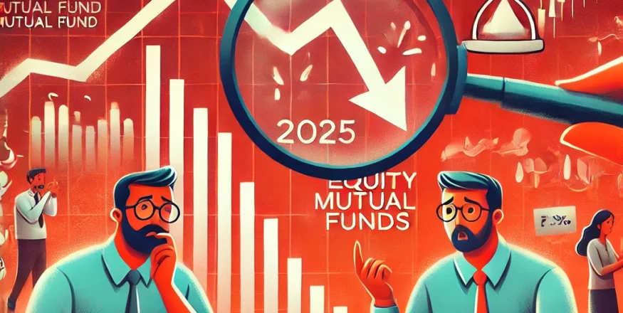 Illustration of equity mutual fund losses in 2025, featuring a declining stock market graph, worried investors analyzing reports, and financial symbols like the Indian Rupee and mutual fund charts.