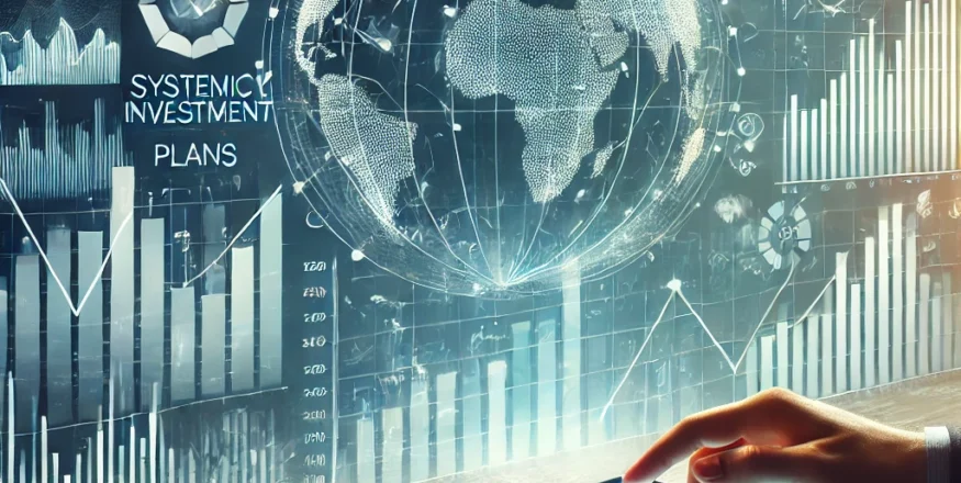 Illustration of market volatility with fluctuating financial graphs and mutual fund investment strategies, emphasizing SIPs and diversification.