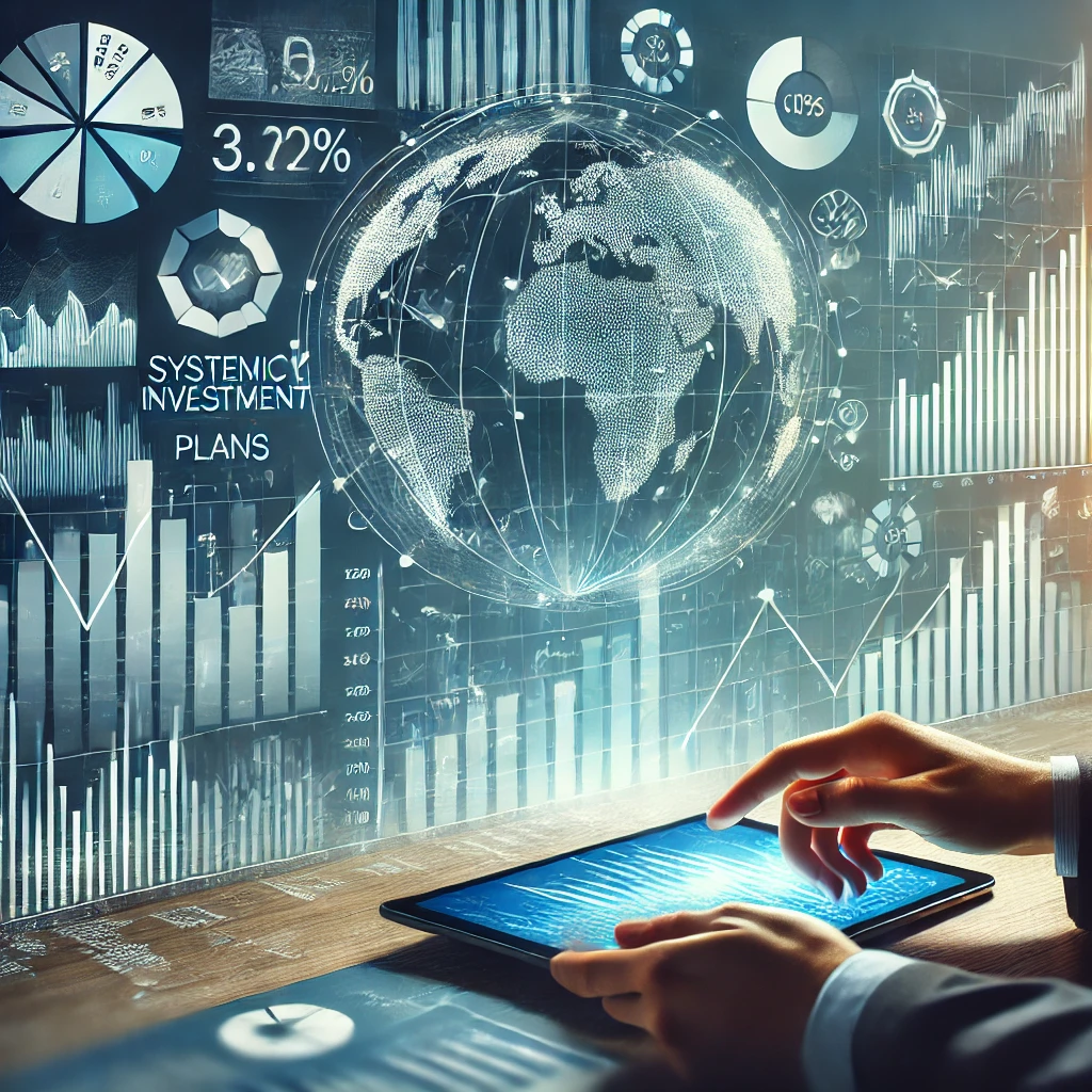 Illustration of market volatility with fluctuating financial graphs and mutual fund investment strategies, emphasizing SIPs and diversification.