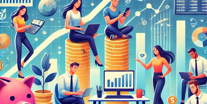 Illustration of young investors planning wealth creation through SIPs with graphs and charts highlighting mutual fund growth strategies.