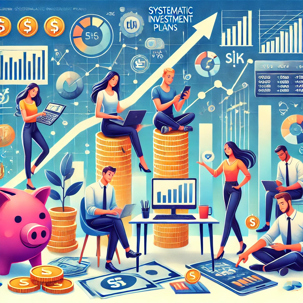 Illustration of young investors planning wealth creation through SIPs with graphs and charts highlighting mutual fund growth strategies.