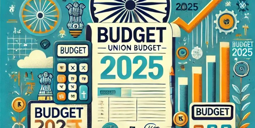 llustration representing India's Union Budget 2025, featuring a government budget document, calculator, rising bar charts, tax icons, and digital screens displaying ‘Budget 2025’, symbolizing economic growth and financial planning.