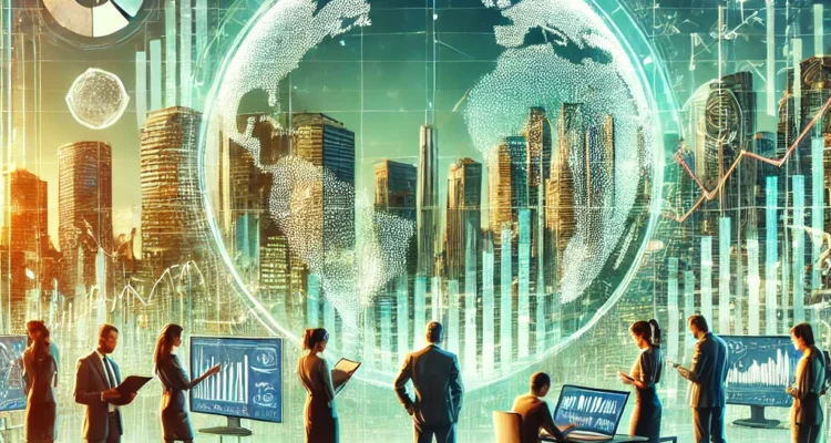 Illustration of investment strategies for 2025 featuring charts, graphs, and financial growth symbols, representing economic stability, market corrections, and sectoral opportunities.