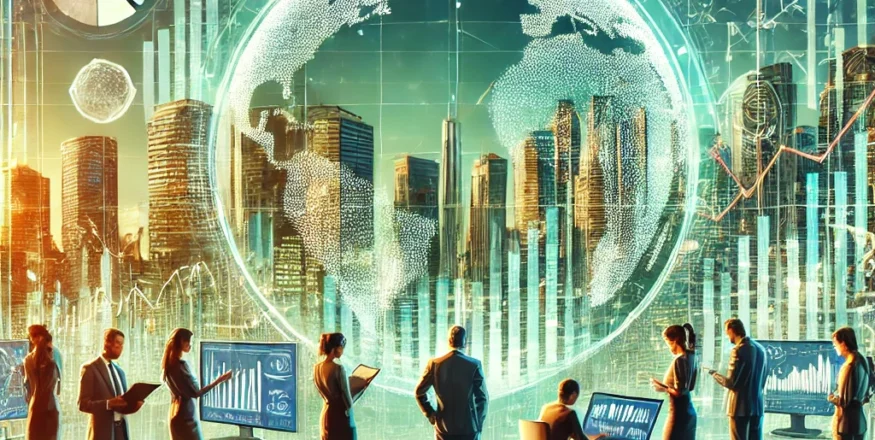 Illustration of investment strategies for 2025 featuring charts, graphs, and financial growth symbols, representing economic stability, market corrections, and sectoral opportunities.