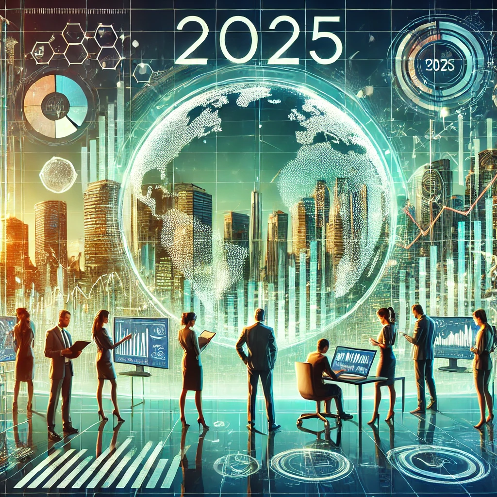 Illustration of investment strategies for 2025 featuring charts, graphs, and financial growth symbols, representing economic stability, market corrections, and sectoral opportunities.