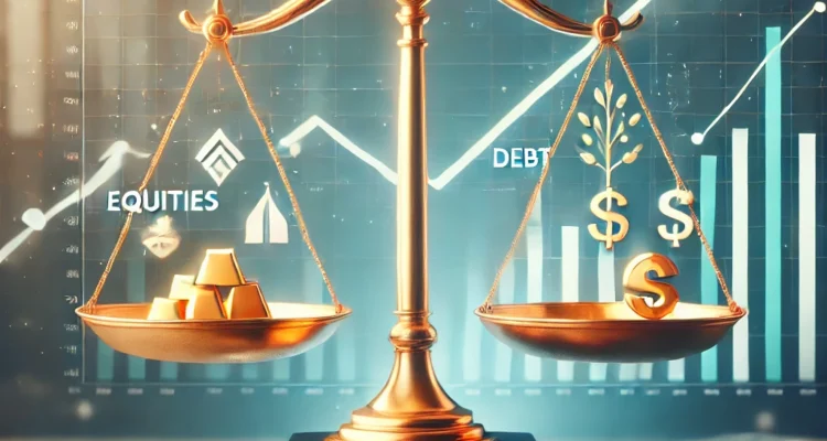Visual representation of LIC Mutual Fund's multi-asset allocation fund, featuring a balanced scale with symbols for equities, debt, and gold, signifying diversification and stability.