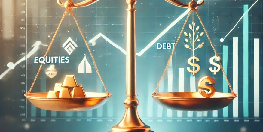 Visual representation of LIC Mutual Fund's multi-asset allocation fund, featuring a balanced scale with symbols for equities, debt, and gold, signifying diversification and stability.