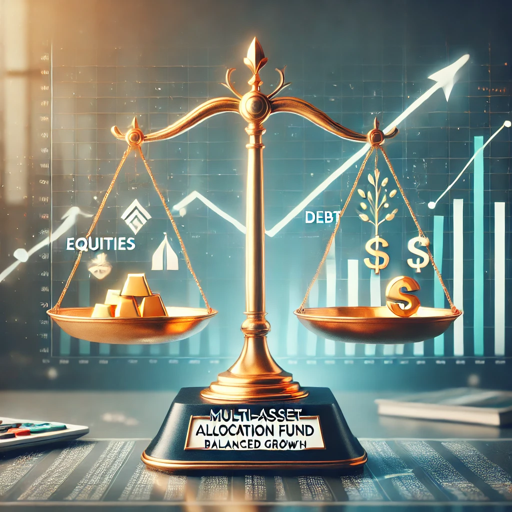 Visual representation of LIC Mutual Fund's multi-asset allocation fund, featuring a balanced scale with symbols for equities, debt, and gold, signifying diversification and stability.