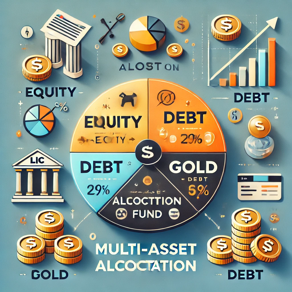 A visual representation of LIC Mutual Fund's Multi-Asset Allocation Fund featuring a pie chart showing asset allocation across equity, debt, and gold, with icons symbolizing each category. Background includes financial growth symbols like arrows and stacked coins, emphasizing wealth creation and diversification.