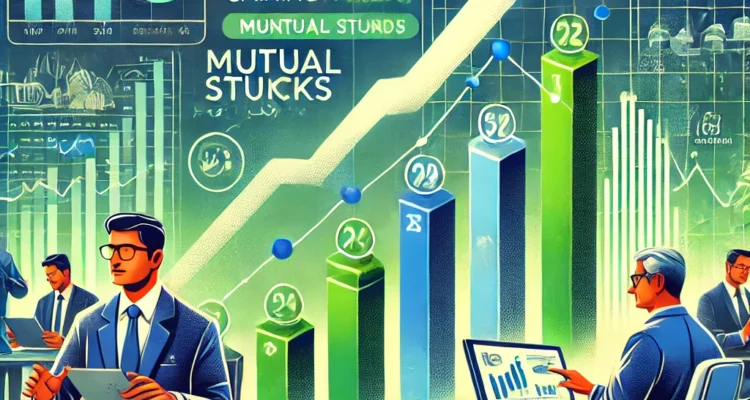 Illustration of midcap stocks gaining traction in the Indian stock market due to increased mutual fund investments, featuring a rising stock market graph, fund managers analyzing data, and financial charts in the background.