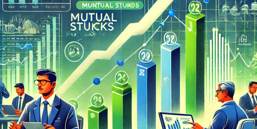 Illustration of midcap stocks gaining traction in the Indian stock market due to increased mutual fund investments, featuring a rising stock market graph, fund managers analyzing data, and financial charts in the background.