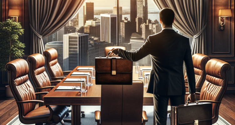 A professional investor in a corporate boardroom overlooking a city skyline, symbolizing trust, integrity, and financial decision-making.