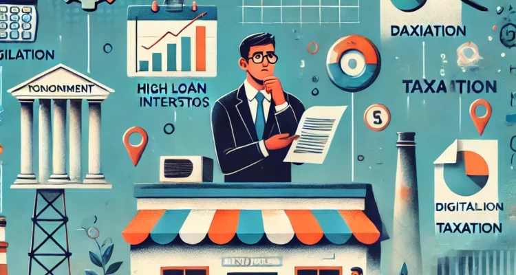 Illustration of MSME challenges ahead of Union Budget 2025, depicting a small business owner facing financial constraints, taxation issues, and policy uncertainties, with a government building in the background symbolizing regulatory changes.
