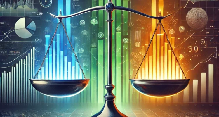 A visually striking representation of multi-cap mutual funds, showcasing a balanced scale with sections for large-cap, mid-cap, and small-cap stocks, emphasizing balance, diversification, and growth.