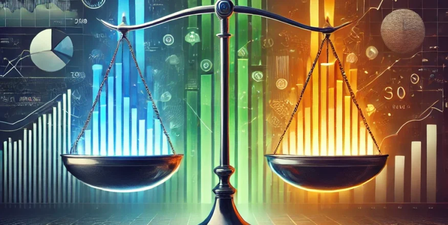 A visually striking representation of multi-cap mutual funds, showcasing a balanced scale with sections for large-cap, mid-cap, and small-cap stocks, emphasizing balance, diversification, and growth.