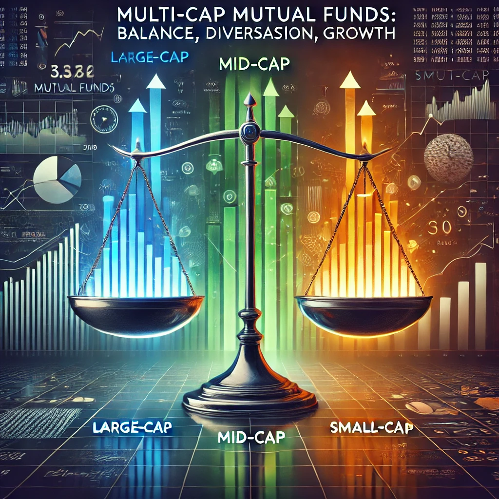 A visually striking representation of multi-cap mutual funds, showcasing a balanced scale with sections for large-cap, mid-cap, and small-cap stocks, emphasizing balance, diversification, and growth.