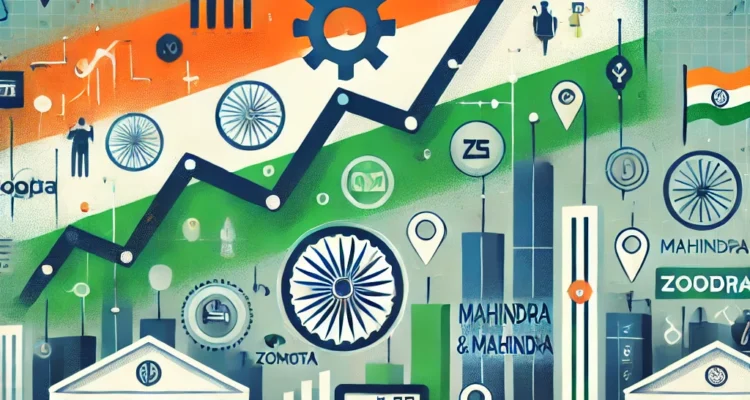 Visual representation of mutual funds increasing stakes in large-cap stocks during Q3 FY25, highlighting companies like Zomato and Mahindra & Mahindra.