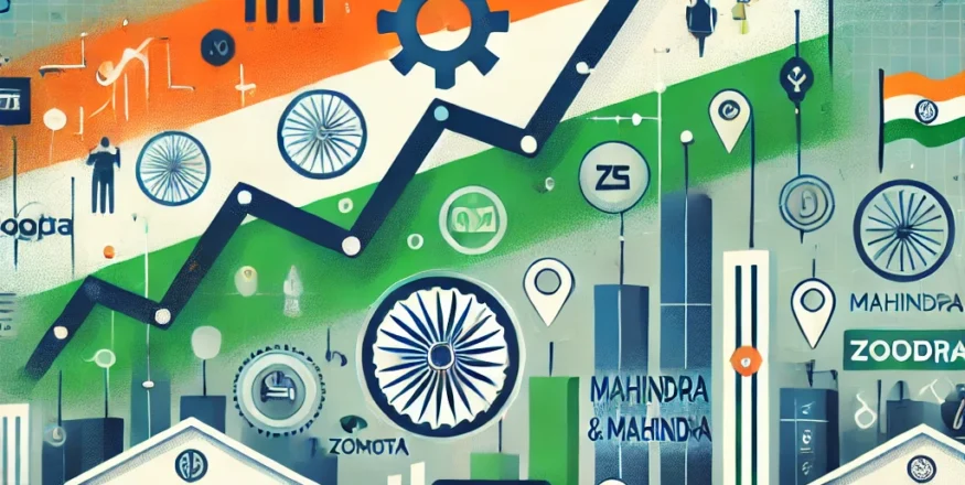 Visual representation of mutual funds increasing stakes in large-cap stocks during Q3 FY25, highlighting companies like Zomato and Mahindra & Mahindra.