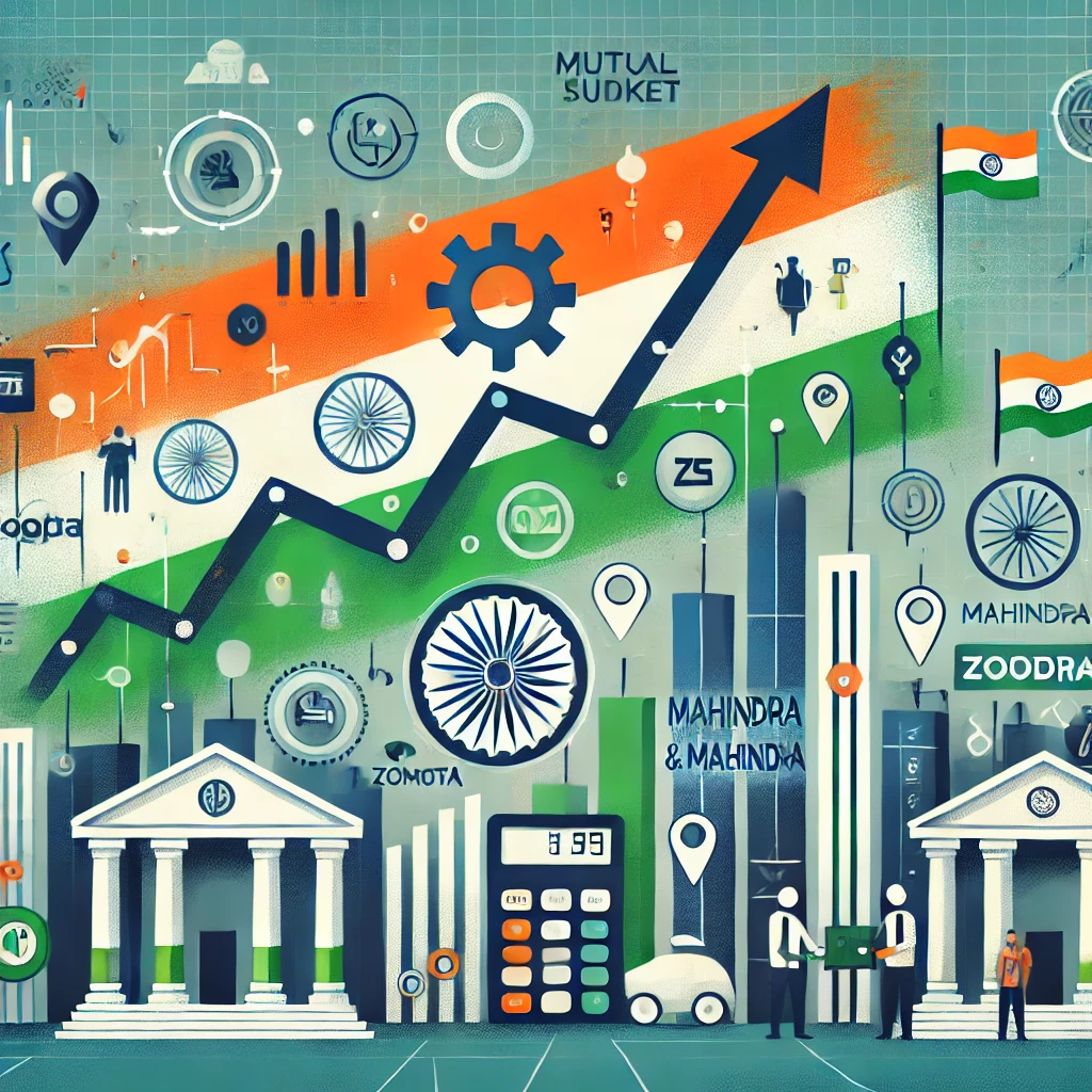 Visual representation of mutual funds increasing stakes in large-cap stocks during Q3 FY25, highlighting companies like Zomato and Mahindra & Mahindra.