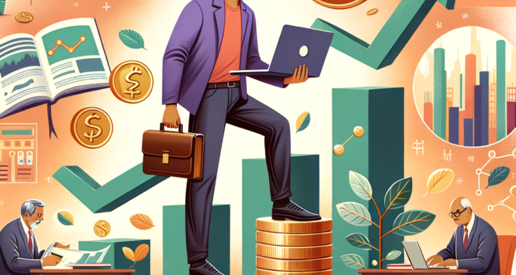 Illustration of a professional investor standing on stacks of coins, symbolizing financial growth and strategic investing, with charts, graphs, and a flourishing financial ecosystem in the background.