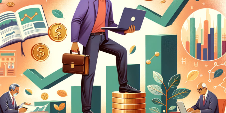 Illustration of a professional investor standing on stacks of coins, symbolizing financial growth and strategic investing, with charts, graphs, and a flourishing financial ecosystem in the background.