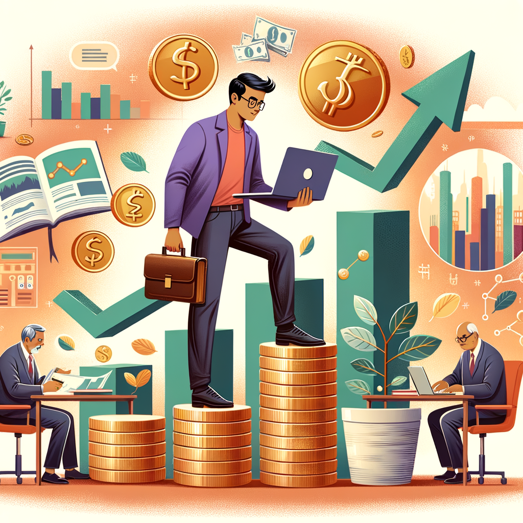 Illustration of a professional investor standing on stacks of coins, symbolizing financial growth and strategic investing, with charts, graphs, and a flourishing financial ecosystem in the background.