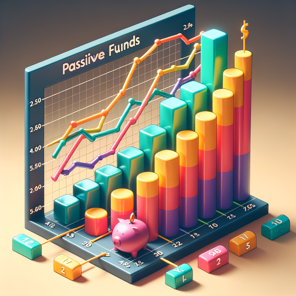 A detailed bar and line chart illustrating the growth and popularity of passive funds, showcasing trends in returns, investments, and market performance with a piggy bank symbolizing savings and investment strategies.