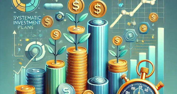 A visually engaging image illustrating the concept of SIP (Systematic Investment Plan) with stacks of coins showing growth, a graph depicting exponential returns, and a stopwatch symbolizing long-term investment strategies.
