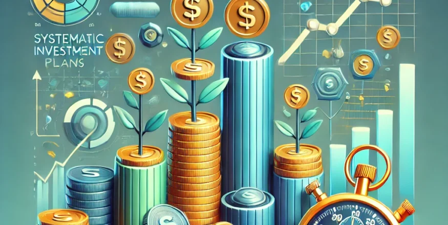 A visually engaging image illustrating the concept of SIP (Systematic Investment Plan) with stacks of coins showing growth, a graph depicting exponential returns, and a stopwatch symbolizing long-term investment strategies.