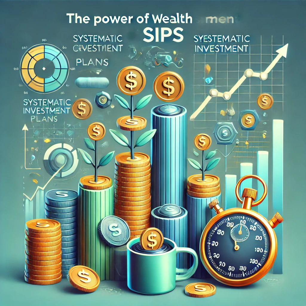 A visually engaging image illustrating the concept of SIP (Systematic Investment Plan) with stacks of coins showing growth, a graph depicting exponential returns, and a stopwatch symbolizing long-term investment strategies.