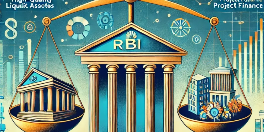 Illustration of RBI's new liquidity and project finance guidelines, featuring a bank building, financial charts, compliance documents, and a balance scale symbolizing liquidity management and project finance loans.