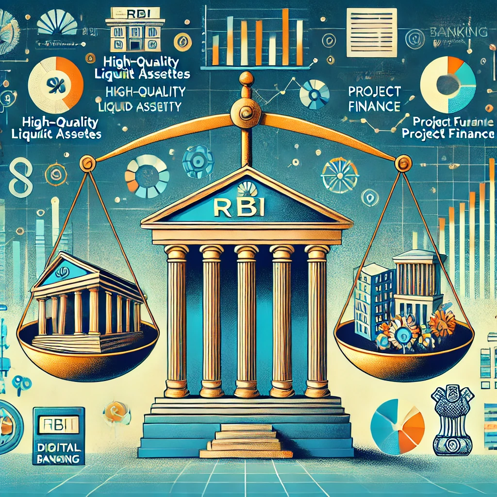 Illustration of RBI's new liquidity and project finance guidelines, featuring a bank building, financial charts, compliance documents, and a balance scale symbolizing liquidity management and project finance loans.