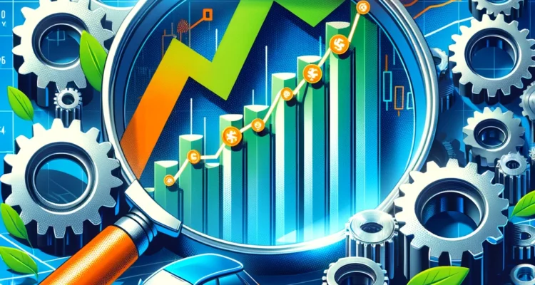 A visually appealing representation of SBI Mutual Fund's strategic investment in Happy Forgings, featuring stock market trends, industrial gears, and a magnifying glass symbolizing growth in the auto components sector.