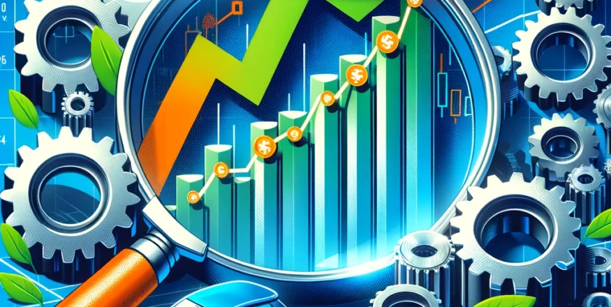 A visually appealing representation of SBI Mutual Fund's strategic investment in Happy Forgings, featuring stock market trends, industrial gears, and a magnifying glass symbolizing growth in the auto components sector.