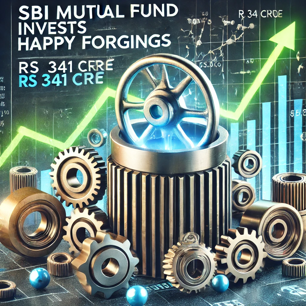 Featured image showcasing SBI Mutual Fund's Rs 341 crore investment in Happy Forgings, highlighting an industrial gear symbolizing the auto components sector, overlaid with financial charts and upward-trending stock indicators.