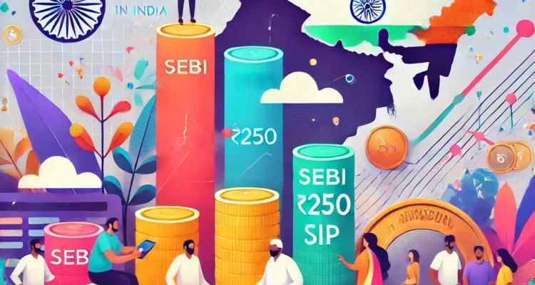 Abstract visual representing SEBI's ₹250 SIP initiative, showcasing financial growth through stacked coins forming a bar graph, a diverse group of people, and a subtle Indian map in the background. The image emphasizes accessibility and financial inclusion.