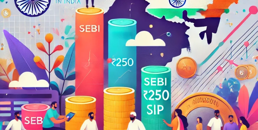 Abstract visual representing SEBI's ₹250 SIP initiative, showcasing financial growth through stacked coins forming a bar graph, a diverse group of people, and a subtle Indian map in the background. The image emphasizes accessibility and financial inclusion.