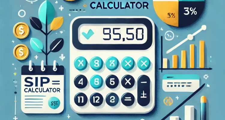 A visually engaging featured image showing a SIP calculator interface with financial elements like a bar graph, pie chart, and symbols of money growth, representing systematic investment planning and financial success.