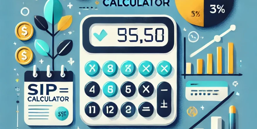 A visually engaging featured image showing a SIP calculator interface with financial elements like a bar graph, pie chart, and symbols of money growth, representing systematic investment planning and financial success.