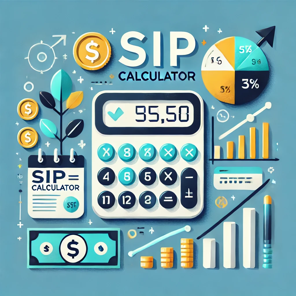 A visually engaging featured image showing a SIP calculator interface with financial elements like a bar graph, pie chart, and symbols of money growth, representing systematic investment planning and financial success.