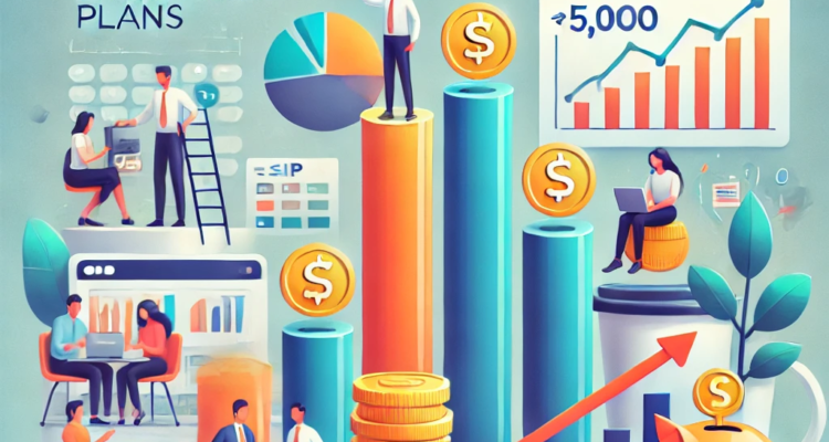 A visual representation of systematic investment plans (SIPs), featuring stacked coins symbolizing growth, a bar graph showing compounding returns over time, and a diverse group of investors. Highlights the concept of a ₹5,000 SIP and wealth creation through disciplined investing.