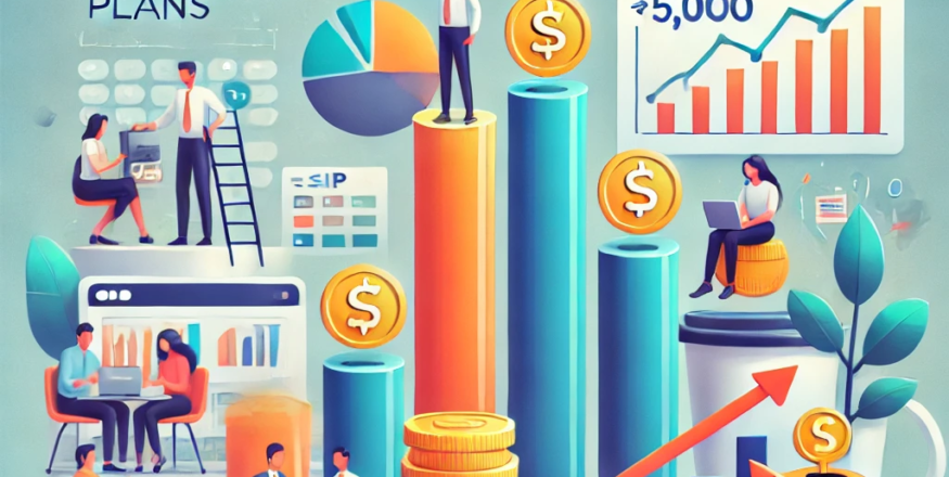 A visual representation of systematic investment plans (SIPs), featuring stacked coins symbolizing growth, a bar graph showing compounding returns over time, and a diverse group of investors. Highlights the concept of a ₹5,000 SIP and wealth creation through disciplined investing.