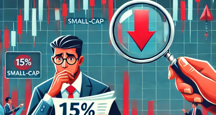 Illustration depicting the recent 15% drop in small-cap mutual funds, featuring a stock market chart with a downward trend, a worried investor analyzing data, and small-cap stocks under a magnifying glass.