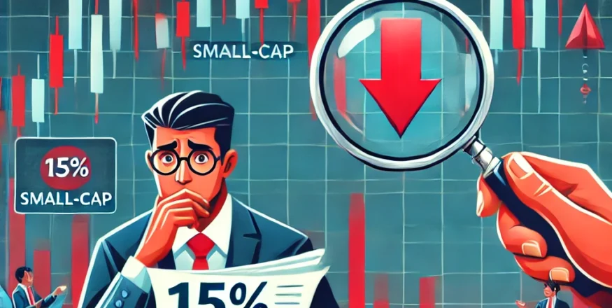 Illustration depicting the recent 15% drop in small-cap mutual funds, featuring a stock market chart with a downward trend, a worried investor analyzing data, and small-cap stocks under a magnifying glass.