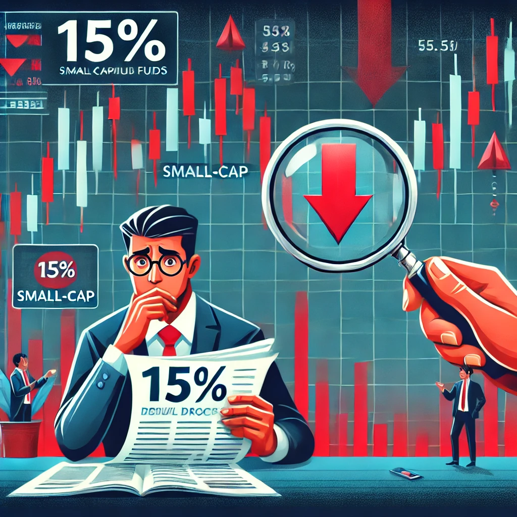 Illustration depicting the recent 15% drop in small-cap mutual funds, featuring a stock market chart with a downward trend, a worried investor analyzing data, and small-cap stocks under a magnifying glass.